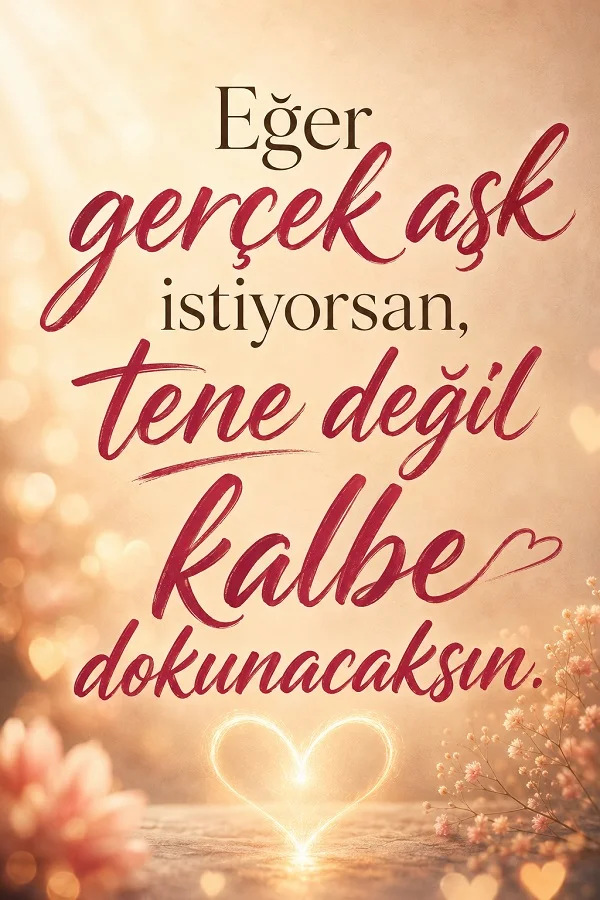 Romantik pembe tonlarda arka plan ve ışıklı kalp figürü bulunan görselde “Eğer gerçek aşk istiyorsan, tene değil kalbe dokunacaksın.” sözü yazılıdır.