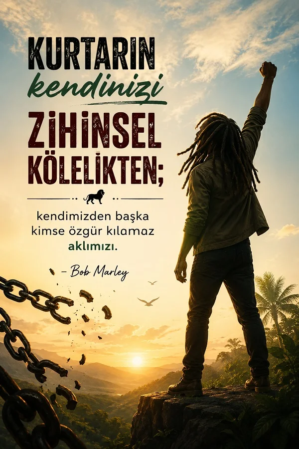 Gün doğumu fonunda elini havaya kaldıran bir figür ve kırılan zincirlerin yer aldığı görselde “Kurtarın kendinizi zihinsel kölelikten; kendimizden başka kimse özgür kılamaz aklımızı. - Bob Marley” mesajı bulunuyor.