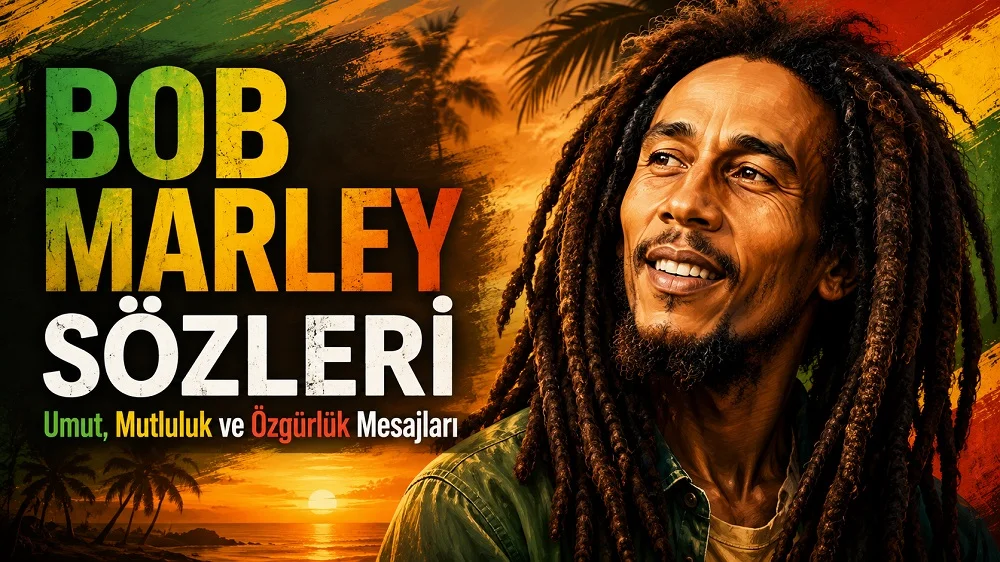 Reggae renkleri, tropikal gün batımı ve Bob Marley portresiyle hazırlanmış “Bob Marley Sözleri: Umut, Mutluluk ve Özgürlük Mesajları” başlıklı modern kapak görseli.