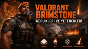 Valorant Brimstone replikleri ve yetenekleri başlıklı kapak görselinde taktik ekipmanlı Brimstone, duman, yakıcı ve yörünge saldırısı efektleriyle savaş alanında gösteriliyor.