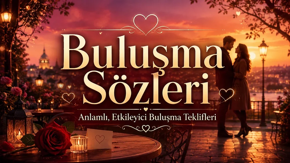 Gün batımı şehir manzarasında romantik bir çift silüeti, kırmızı gül, mum, kalp detayları ve “Buluşma Sözleri” başlığı ile “Anlamlı, Etkileyici Buluşma Teklifleri” alt yazısı bulunan kapak görseli.
