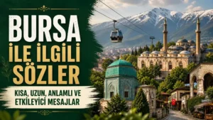 Bursa ile ilgili sözler kısa, uzun, anlamlı ve etkileyici mesajlar başlıklı; Uludağ, tarihi Bursa yapıları, yeşil doğa ve şehir manzarasıyla hazırlanmış kapak görseli.