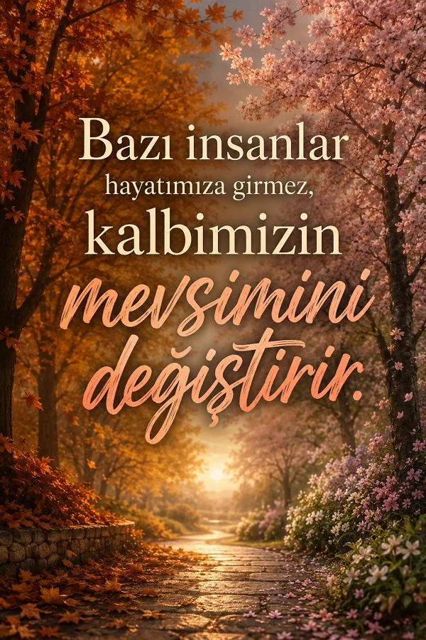 Ağaçlarla çevrili taş yolda sonbahar ve çiçekli bahar tonlarının bir arada olduğu arka plan üzerinde “Bazı insanlar hayatımıza girmez, kalbimizin mevsimini değiştirir.” sözü.