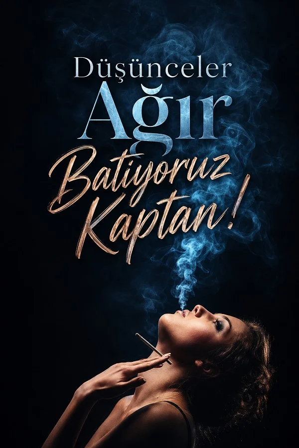 Koyu arka planda sigara içen bir kadın ve yükselen mavi duman eşliğinde “Düşünceler ağır, batıyoruz kaptan!” sözü.