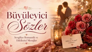 Güller, fener, aşk notu ve romantik çift silüetiyle hazırlanmış büyüleyici sözler kapak görseli.
