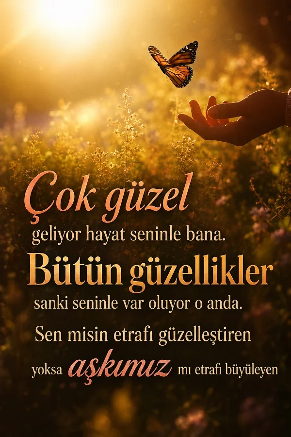Altın tonlu çiçekli bir alanda havalanan kelebek ve uzanan el eşliğinde “Çok güzel geliyor hayat seninle bana. Bütün güzellikler sanki seninle var oluyor o anda. Sen misin etrafı güzelleştiren yoksa aşkımız mı etrafı büyüleyen” sözü.