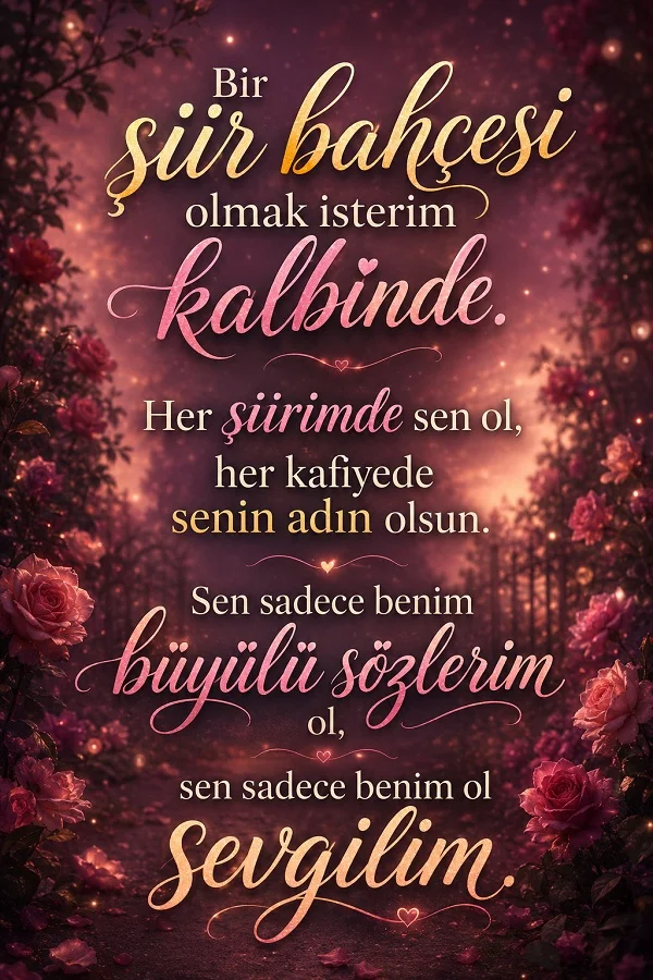 Güllerle süslü romantik bir bahçe yolunda “Bir şiir bahçesi olmak isterim kalbinde. Her şiirimde sen ol, her kafiyede senin adın olsun. Sen sadece benim büyülü sözlerim ol, sen sadece benim ol sevgilim.” sözü.