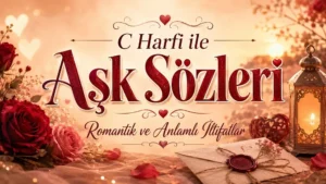 C Harfi ile Aşk Sözleri başlıklı, güller, romantik mektup, fener ışığı ve sıcak gün batımı tonlarıyla hazırlanmış aşk temalı blog kapak tasarımı.