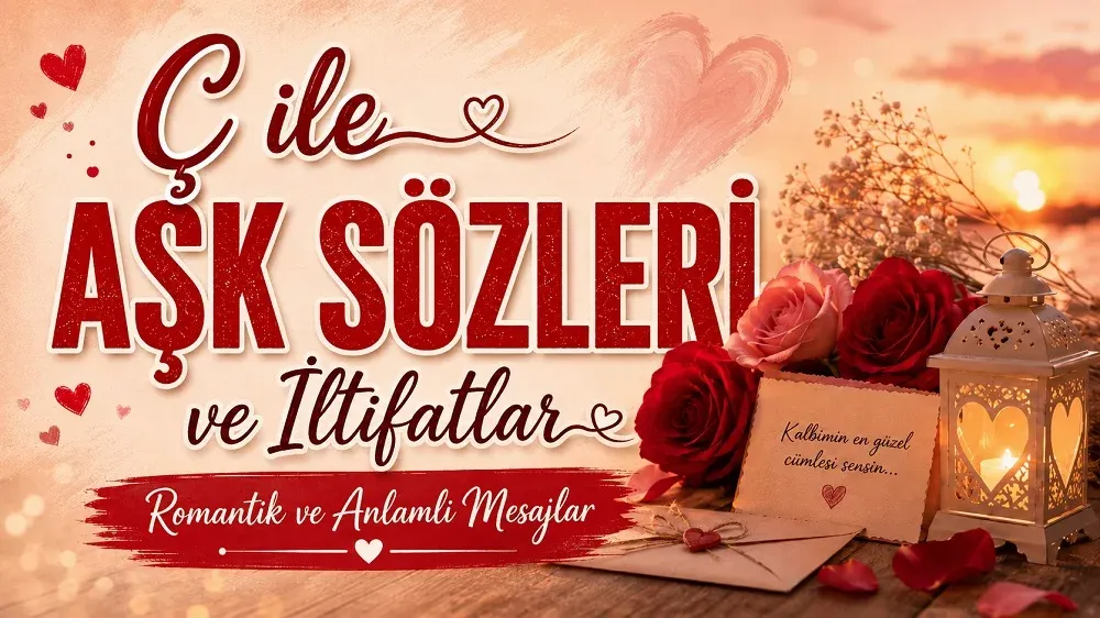 Gün batımı tonlarında hazırlanan romantik kapak tasarımında kırmızı güller, yanan bir fener, not kartı ve büyük yazılarla “Ç ile Aşk Sözleri ve İltifatlar, Romantik ve Anlamlı Mesajlar” ifadesi yer alıyor.