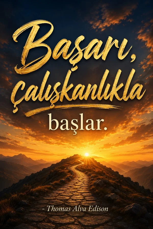 Dağlar arasında gün doğumuna uzanan yol manzaralı tasarımda “Başarı, çalışkanlıkla başlar. - Thomas Alva Edison” sözü yer alıyor.