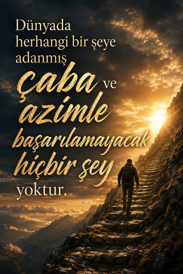 Dağ yamacında taş basamaklardan çıkan bir insanın bulunduğu görselde “Dünyada herhangi bir şeye adanmış çaba ve azimle başarılamayacak hiçbir şey yoktur.” sözü yazıyor.