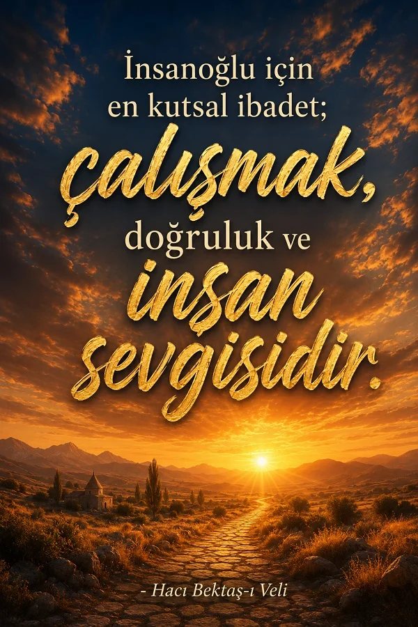 Gün batımına uzanan kırsal yol manzarasında “İnsanoğlu için en kutsal ibadet; çalışmak, doğruluk ve insan sevgisidir. - Hacı Bektaş-ı Veli” sözü yer alıyor.