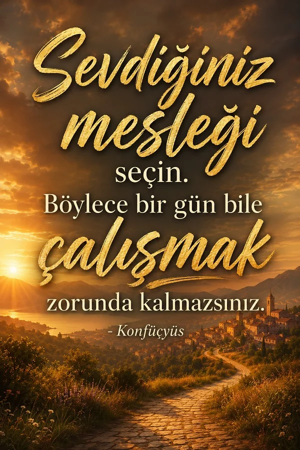 Kasabaya uzanan taş yol ve gün batımı manzaralı tasarımda “Sevdiğiniz mesleği seçin. Böylece bir gün bile çalışmak zorunda kalmazsınız. - Konfüçyüs” sözü bulunuyor.
