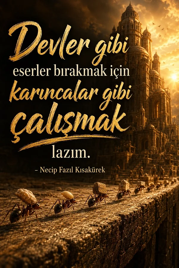 Karıncaların yük taşıdığı sahnenin ön planda olduğu tasarımda “Devler gibi eserler bırakmak için karıncalar gibi çalışmak lazım. - Necip Fazıl Kısakürek” sözü yer alıyor.