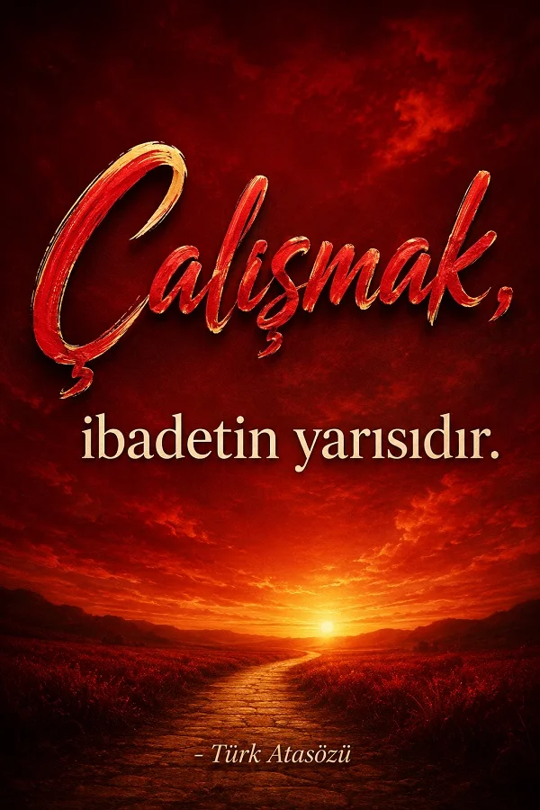 Kızıl tonlardaki gökyüzü ve ufka uzanan yol manzaralı görselde “Çalışmak, ibadetin yarısıdır. - Türk Atasözü” sözü yazıyor.