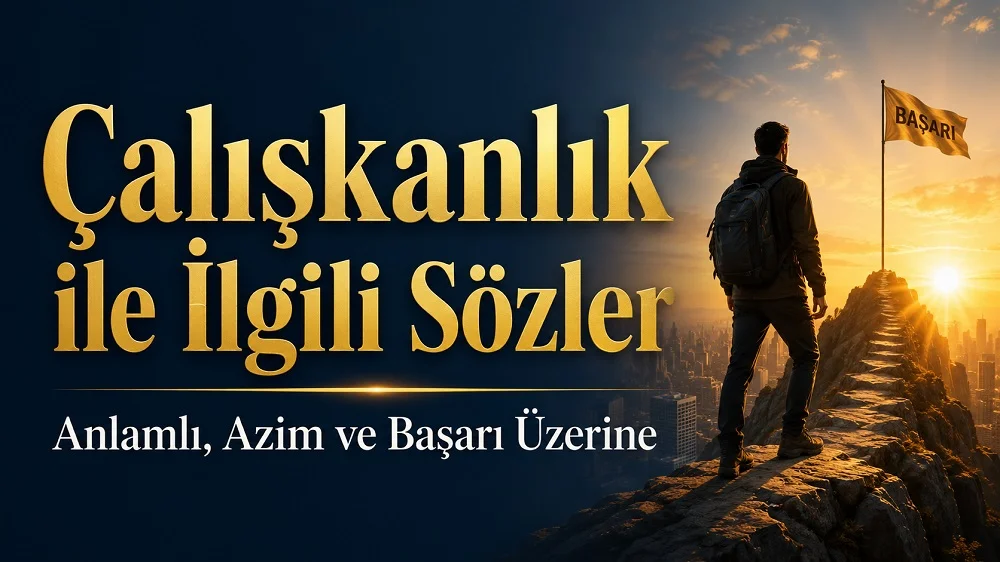 Çalışkanlık ile İlgili Sözler Anlamlı, Azim ve Başarı Üzerine başlıklı kapak görselinde, gün doğumuna karşı başarı bayrağına doğru uzanan dağ yolu ve kararlı bir insan figürü yer alıyor.