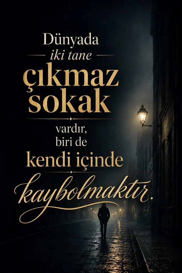 Karanlık ve sisli bir sokakta tek başına yürüyen kişinin yer aldığı tasarımda “Dünyada iki tane çıkmaz sokak vardır, biri de kendi içinde kaybolmaktır.” sözü yazıyor.