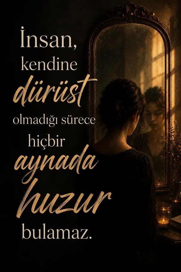 Ayna karşısında duran bir kadının yer aldığı loş tasarımda “İnsan, kendine dürüst olmadığı sürece hiçbir aynada huzur bulamaz.” sözü bulunuyor.