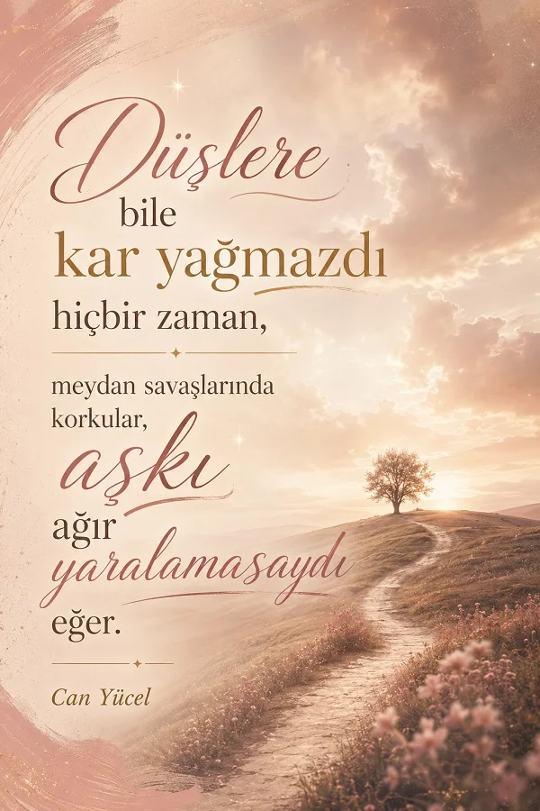 Pastel tonlu bir kır manzarasında kıvrılan yol ve yalnız ağaç bulunan tasarımda “Düşlere bile kar yağmazdı hiçbir zaman, meydan savaşlarında korkular, aşkı ağır yaralamasaydı eğer.” Can Yücel sözü yer alıyor.