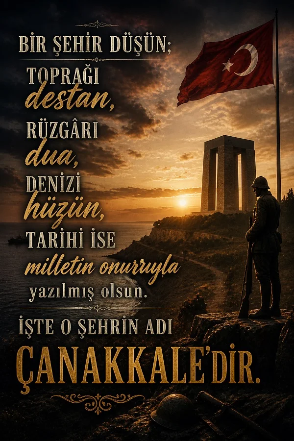Çanakkale Şehitler Abidesi ve Türk bayrağı ile hazırlanan anlamlı söz görseli.