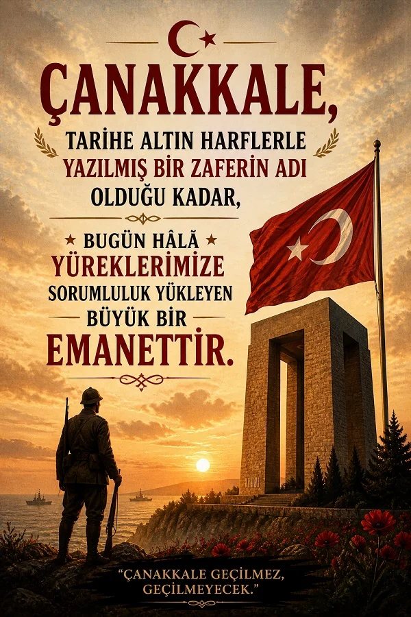 Çanakkale Abidesi ve bayrak ile hazırlanan tarih temalı söz görseli.