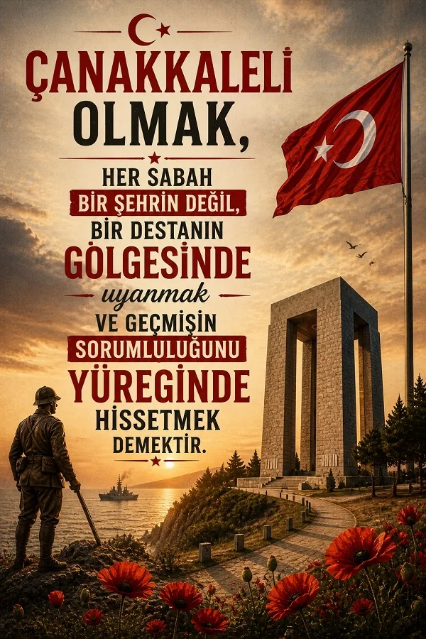 Çanakkale Abidesi önünde asker figürü ile hazırlanmış anlamlı söz görseli.