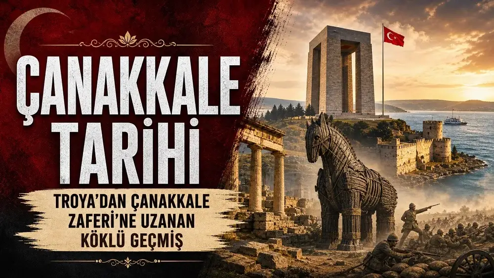 Çanakkale tarihi Troya’dan Çanakkale Zaferi’ne uzanan köklü geçmiş başlıklı, Troya atı, Şehitler Abidesi, Türk bayrağı, boğaz manzarası ve tarihi savaş atmosferiyle hazırlanmış kapak tasarımı.