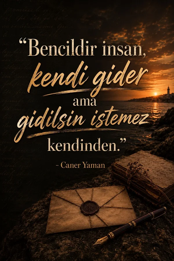 Gün batımında kayalık zeminde zarf, eski mektup ve kalem bulunan fonda “Bencildir insan, kendi gider ama gidilsin istemez kendinden.” sözü ve Caner Yaman imzası yer alan görsel.