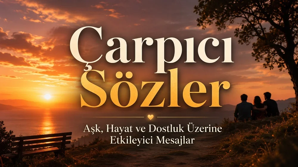 Gün batımı manzarası önünde “Çarpıcı Sözler Aşk, Hayat ve Dostluk Üzerine Etkileyici Mesajlar” yazılı blog kapak tasarımı.