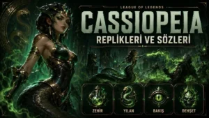 Cassiopeia replikleri ve sözleri başlıklı kapak tasarımında, yeşil zehir enerjisiyle çevrili yılan formundaki Cassiopeia karanlık bir atmosferde büyü yaparken gösteriliyor.