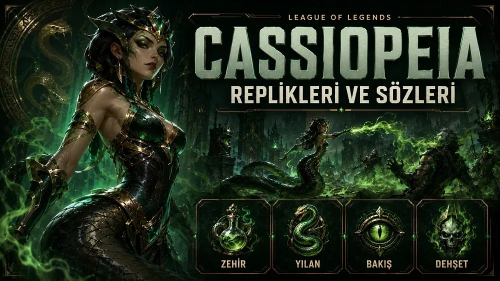 Cassiopeia replikleri ve sözleri başlıklı kapak tasarımında, yeşil zehir enerjisiyle çevrili yılan formundaki Cassiopeia karanlık bir atmosferde büyü yaparken gösteriliyor.