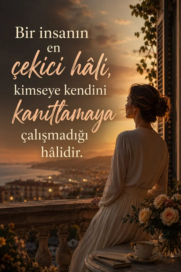 Gün batımında balkonda oturan bir kadın eşliğinde, “Bir insanın en çekici hâli, kimseye kendini kanıtlamaya çalışmadığı hâlidir.” sözünün yer aldığı anlamlı görsel.