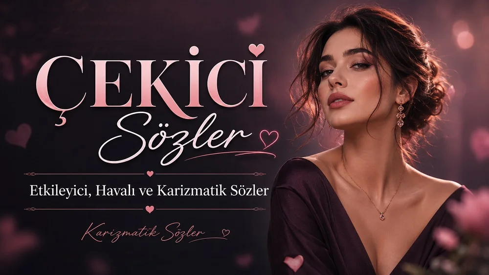 Çekici sözler başlıklı, koyu pembe tonlarda hazırlanmış, karizmatik kadın figürü ve etkileyici tipografi bulunan havalı sözler kapak görseli.