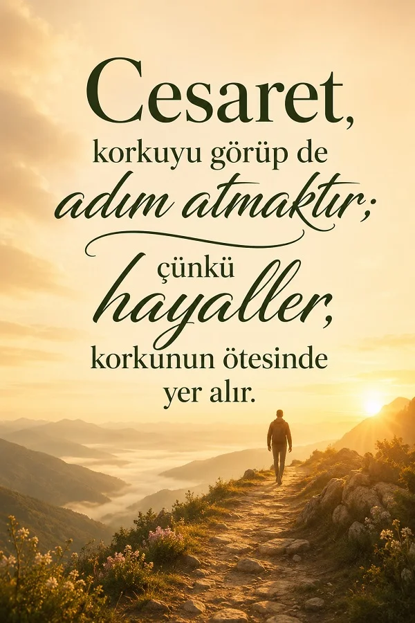 Gün doğumunda dağ yolunda yürüyen bir kişi üzerinde “Cesaret, korkuyu görüp de adım atmaktır; çünkü hayaller, korkunun ötesinde yer alır.” sözü bulunuyor.