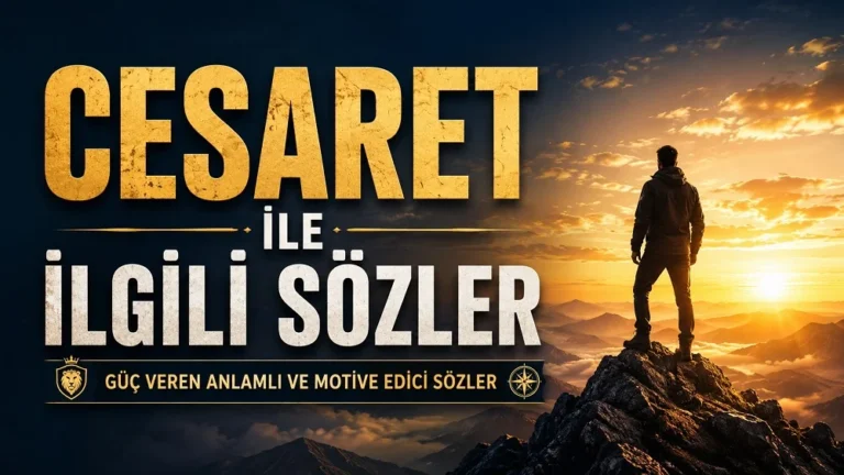 Dağ zirvesinde gün doğumuna karşı duran kişi, altın ışıklar ve güçlü yazı tasarımıyla hazırlanmış “Cesaret ile İlgili Sözler” kapak görseli.