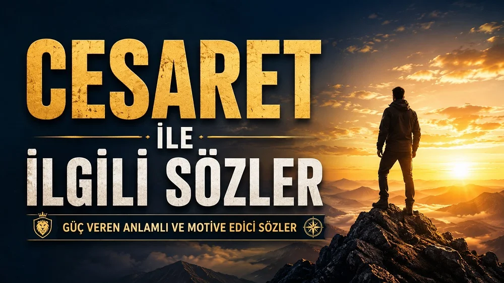 Dağ zirvesinde gün doğumuna karşı duran kişi, altın ışıklar ve güçlü yazı tasarımıyla hazırlanmış “Cesaret ile İlgili Sözler” kapak görseli.