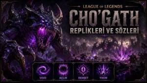 Cho'Gath replikleri ve sözleri başlıklı kapak tasarımında, mor Void enerjisiyle çevrili devasa Cho'Gath karanlık bir savaş alanında yıkıcı gücüyle gösteriliyor.