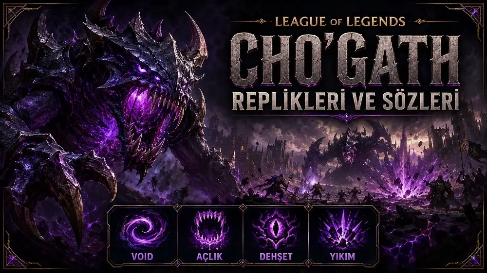 Cho'Gath replikleri ve sözleri başlıklı kapak tasarımında, mor Void enerjisiyle çevrili devasa Cho'Gath karanlık bir savaş alanında yıkıcı gücüyle gösteriliyor.