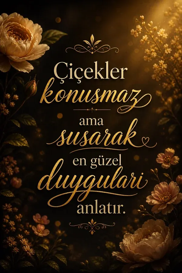 Altın tonlarda çiçekler ve duyguları anlatan anlamlı söz