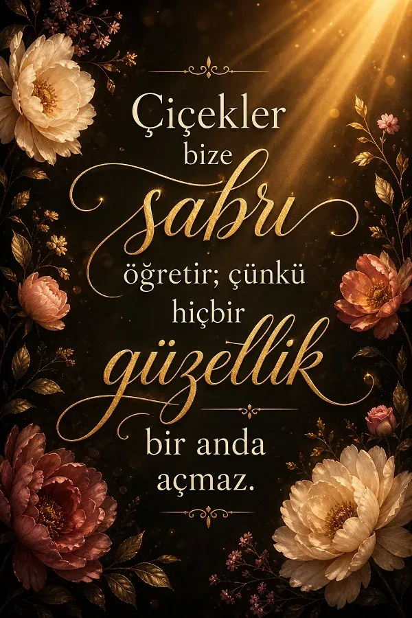 Işık altında çiçekler ve sabır temalı anlamlı söz