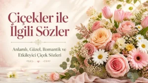 Pembe güller, papatyalar, laleler ve pastel çiçek aranjmanı üzerinde Çiçekler ile İlgili Sözler başlığı bulunan romantik kapak görseli.