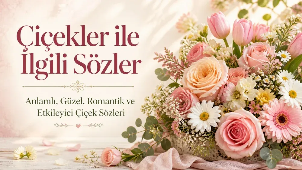 Pembe güller, papatyalar, laleler ve pastel çiçek aranjmanı üzerinde Çiçekler ile İlgili Sözler başlığı bulunan romantik kapak görseli.