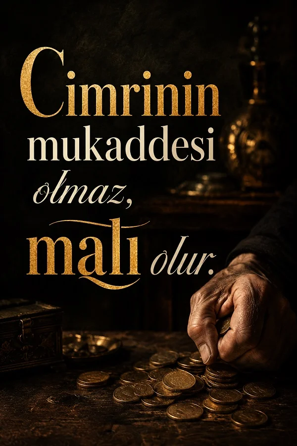 Karanlık ortamda madeni paraları tutan yaşlı el ve “Cimrinin mukaddesi olmaz, malı olur.” sözü.