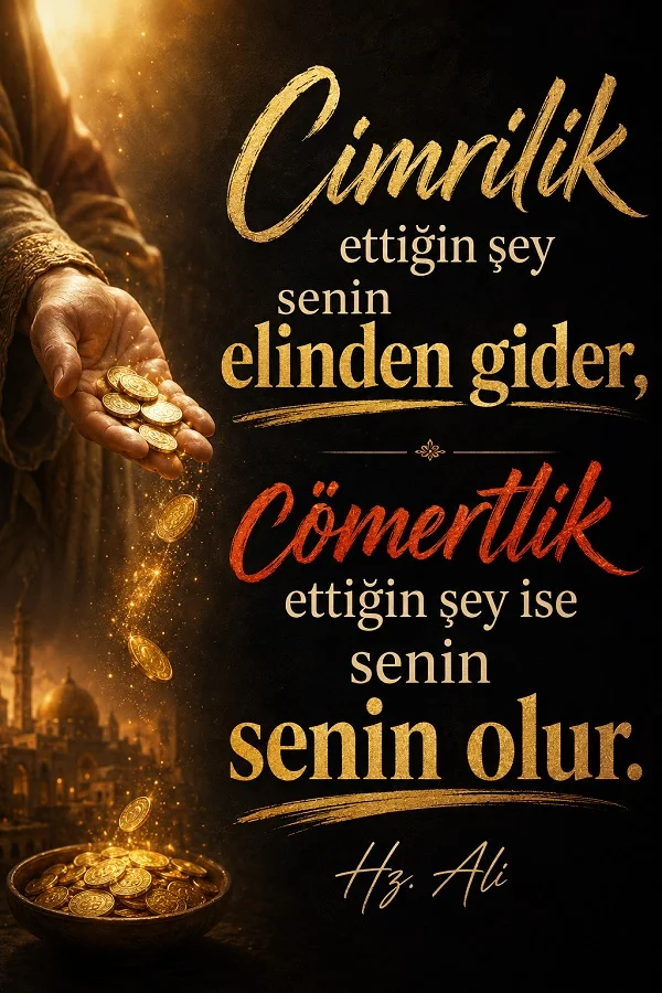 Altın paraların avuçtan döküldüğü karanlık ve ışıklı arka plan üzerinde “Cimrilik ettiğin şey senin elinden gider, cömertlik ettiğin şey ise senin olur.” Hz. Ali sözü.