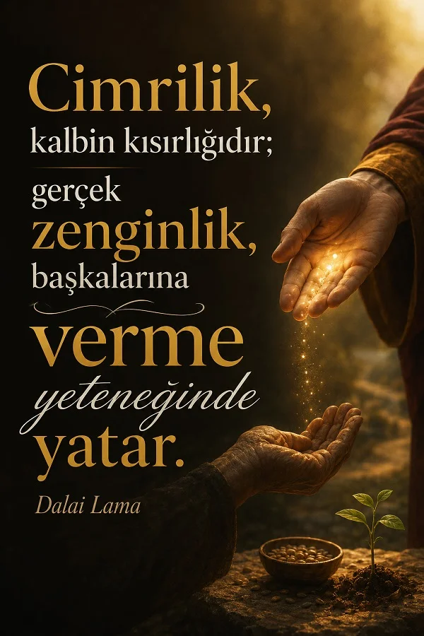 Işık saçan bir elin yardım isteyen avuca uzandığı sahne üzerinde “Cimrilik, kalbin kısırlığıdır; gerçek zenginlik, başkalarına verme yeteneğinde yatar.” Dalai Lama sözü.
