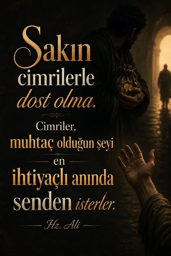 Karanlık geçitte para kesesi tutan kişi ve uzanan yardım eli üzerinde “Sakın cimrilerle dost olma. Cimriler, muhtaç olduğun şeyi en ihtiyaçlı anında senden isterler.” Hz. Ali sözü.