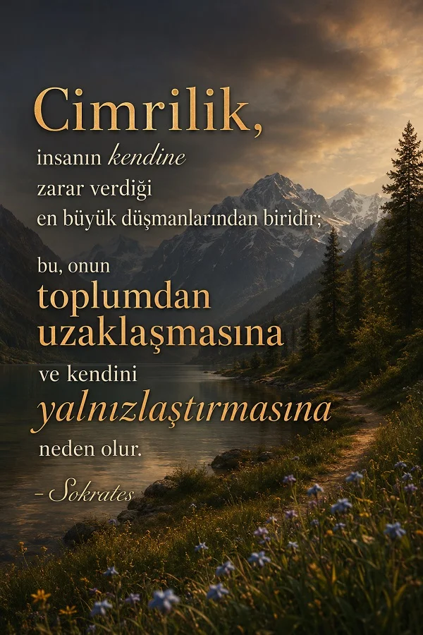 Dağ ve göl manzarası üzerinde “Cimrilik, insanın kendine zarar verdiği en büyük düşmanlarından biridir; bu, onun toplumdan uzaklaşmasına ve kendini yalnızlaştırmasına neden olur.” Sokrates sözü.