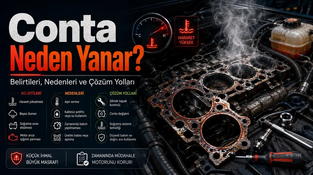Motor bloğu, duman efekti, hararet göstergesi, uyarı ikonları ve büyük tipografiyle hazırlanmış “Conta Neden Yanar? Belirtileri, Nedenleri ve Çözüm Yolları” başlıklı modern otomobil arıza kapak görseli.