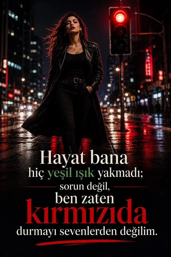 Gece şehirde yürüyen kadın ve asi cool söz