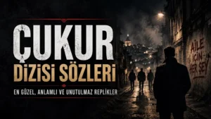 Karanlık bir sokak atmosferinde siluet karakterler ve “Çukur Dizisi Sözleri: En Güzel, Anlamlı ve Unutulmaz Replikler” yazısı bulunan dramatik kapak tasarımı.